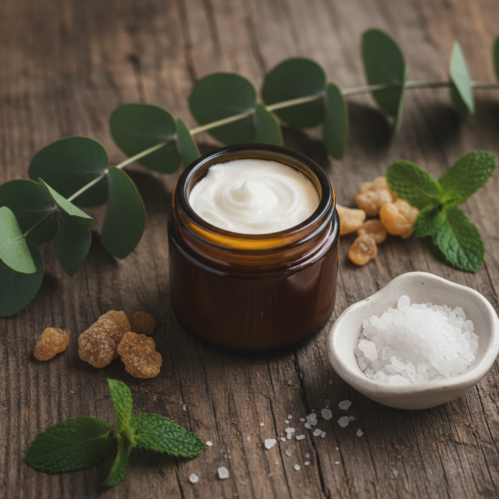 Whipped Magnesium Tallow Calming Balm in amber jar surrounded by eucalyptus, frankincense, peppermint and mineral salt